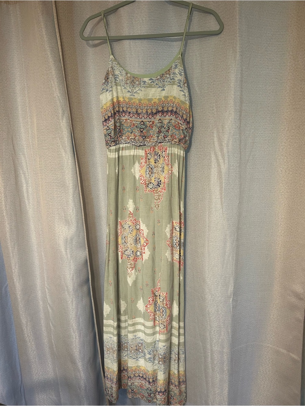 Sage Green Printed Maxi Dress with Spaghetti Straps Small